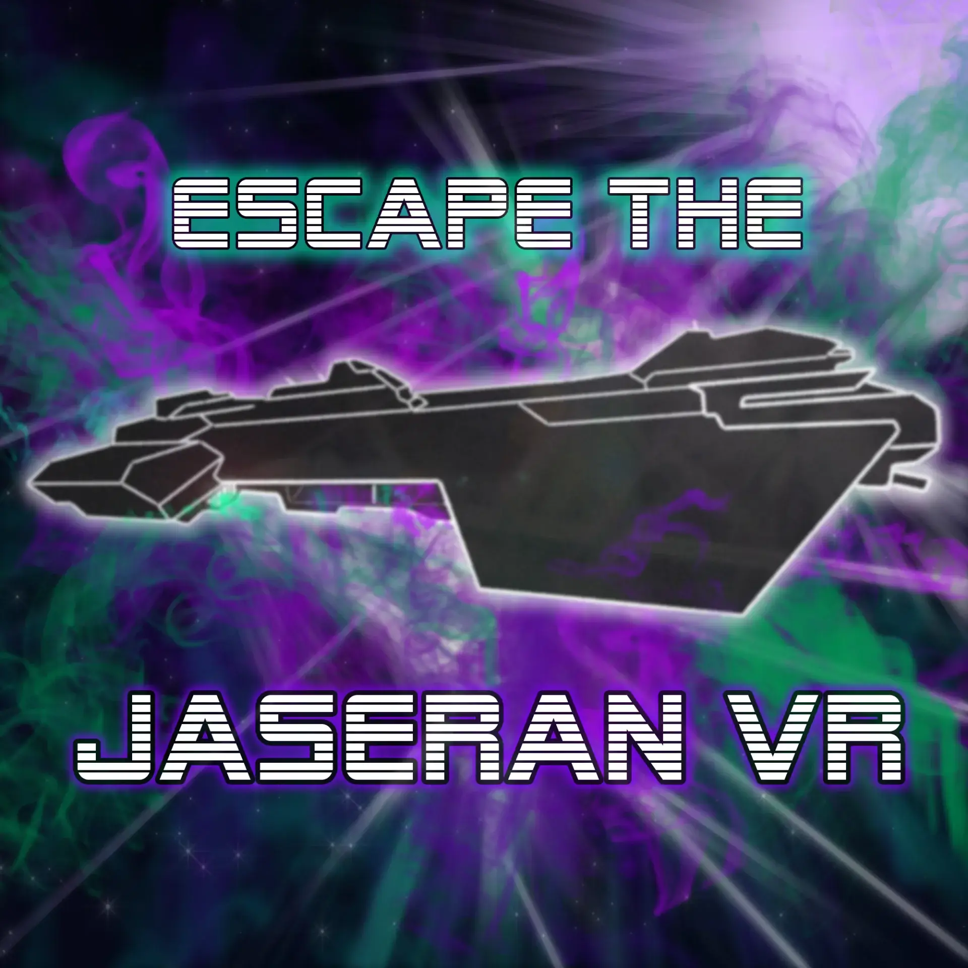 Logo for Project Jaseran Space Ship in interstellar space spewing teal green and purple gas and light